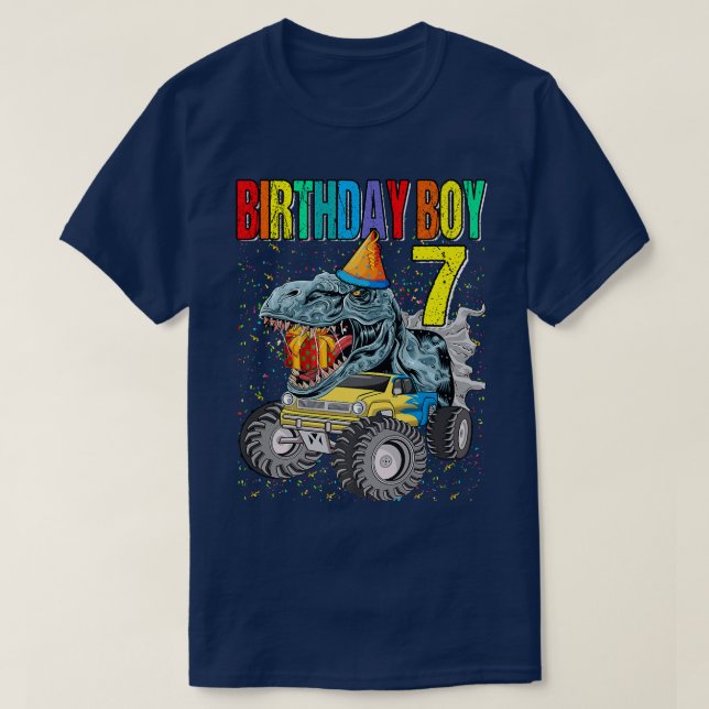 Camiseta Birthday Boy 7 Monster Dinossaur 7 Aniversário (Frente do Design)
