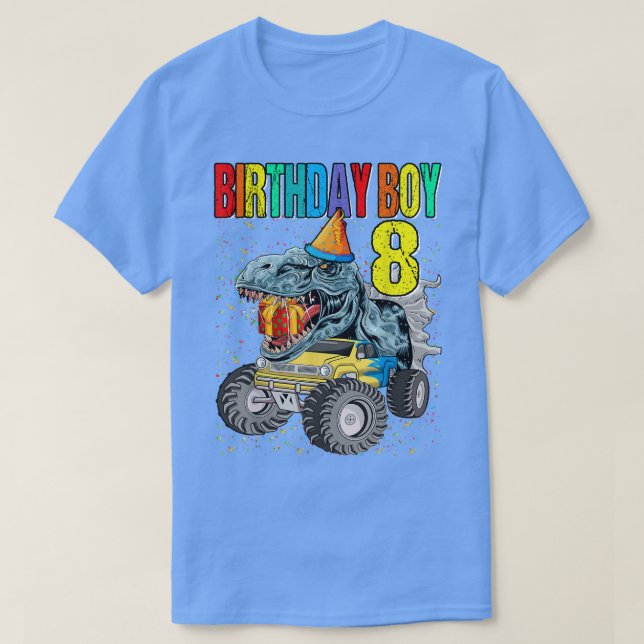 Camiseta Birthday Boy 8 Monster Truck Dinosaur 8.º Aniversá (Frente do Design)