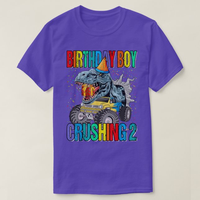 Camiseta Birthday Boy Crushing 2 Monster Truck Dinosaur  (Frente do Design)