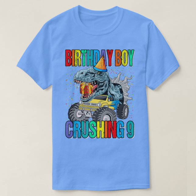 Camiseta Birthday Boy Crushing 9 Monster Truck Dinosaur  (Frente do Design)