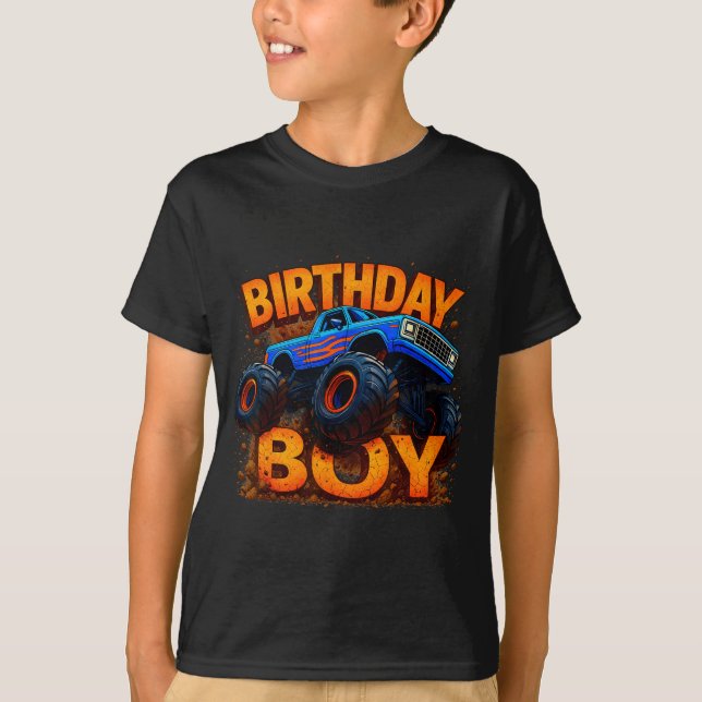 Camiseta Birthday Boy Monster Truck Funny Family Matching  (Frente)