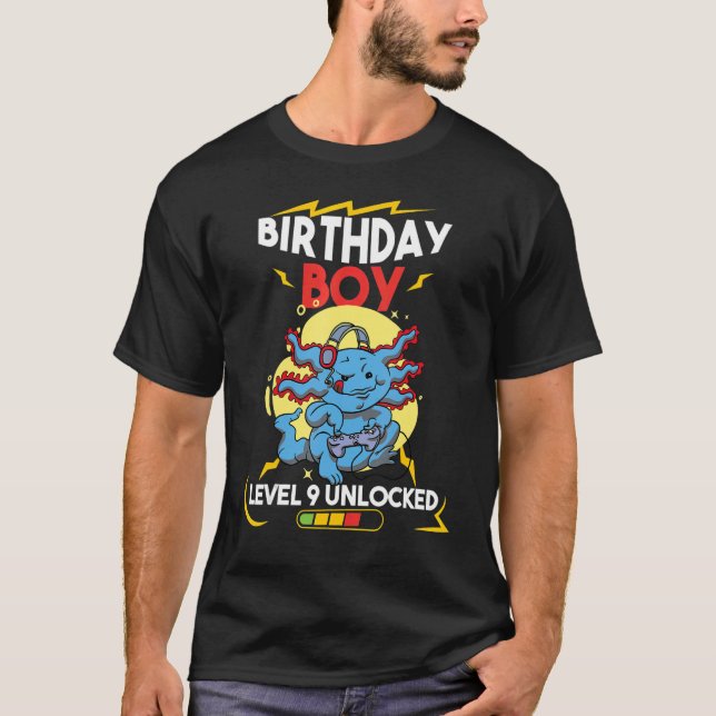 Camiseta Birthday Boy Nível 9 Desbloqueado Axolotl 9º vídeo (Frente)