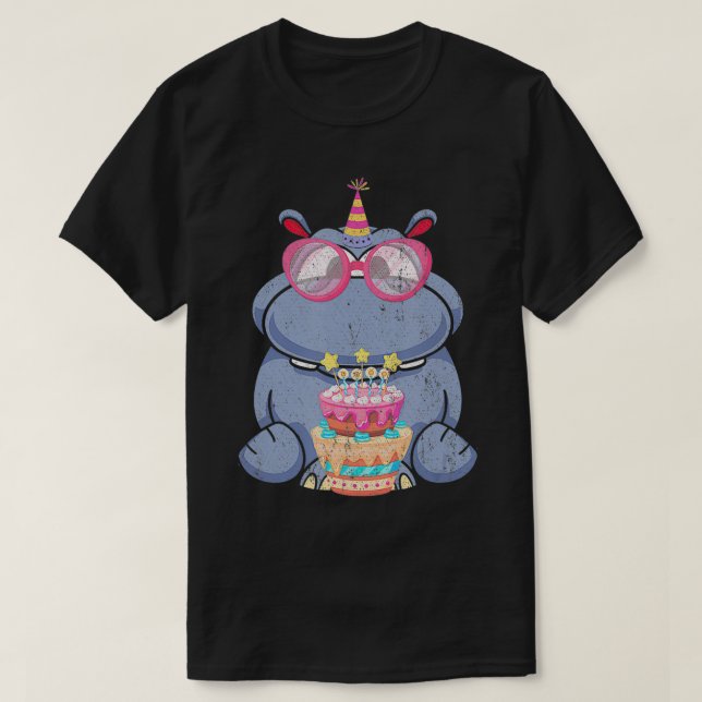 Camiseta Birthday Gift Idea Cake Kids Cute Hippo  (Frente do Design)