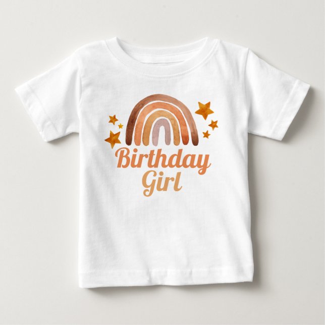 Camiseta Birthday Girl Watercolor Boho Rainbow & Stars (Frente)