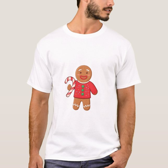 Camiseta Biscoito de Natal Gingerbread Man Cute Segurando C (Frente)