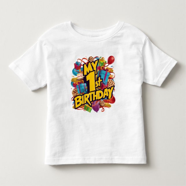 Camiseta Biscoitos de Aniversário de 1 Ano Bolo E Balões  (Frente)