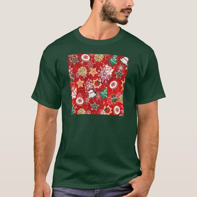 Camiseta Biscoitos de Natal e Flocos de Neve em Vermelho (Frente)