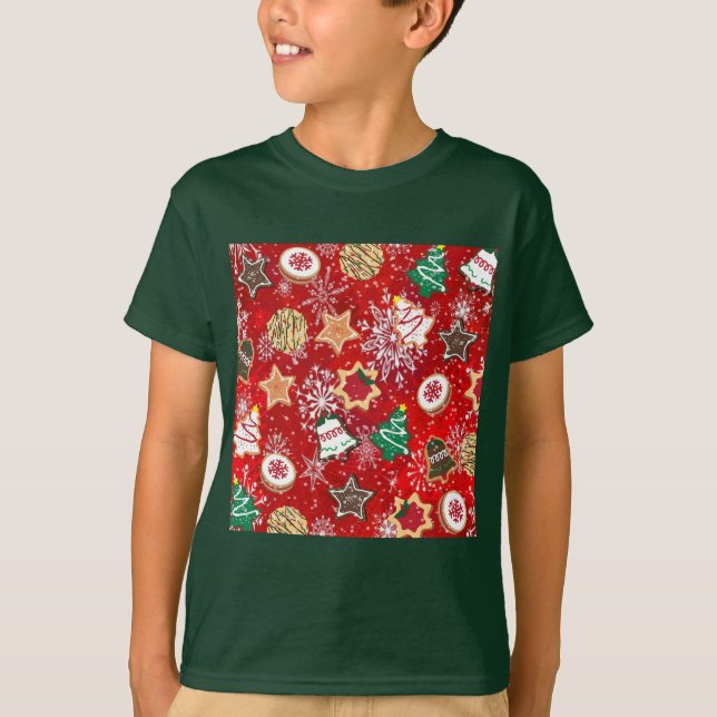 Camiseta Biscoitos de Natal e Flocos de Neve em Vermelho (Frente)