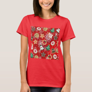 Camiseta Biscoitos de Natal e Flocos de Neve em Vermelho