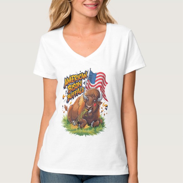 Camiseta Bison com bandeira dos EUA em Grass (Frente)
