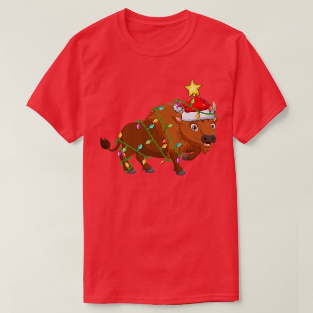 Camiseta Bison Lighting Xmas Tree Mating Bison Natal (Frente do Design)