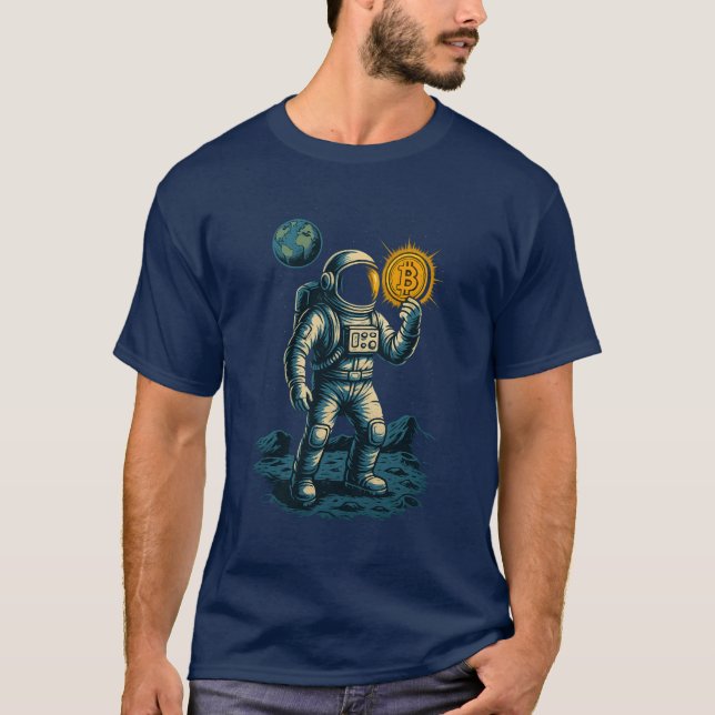 Camiseta Bitmoney Miner in Space - Design de astronauta bri (Frente)