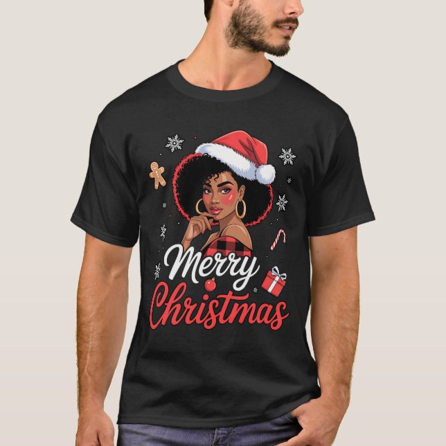Camiseta Black African Girl American Merry Christmas Santa  (Frente)
