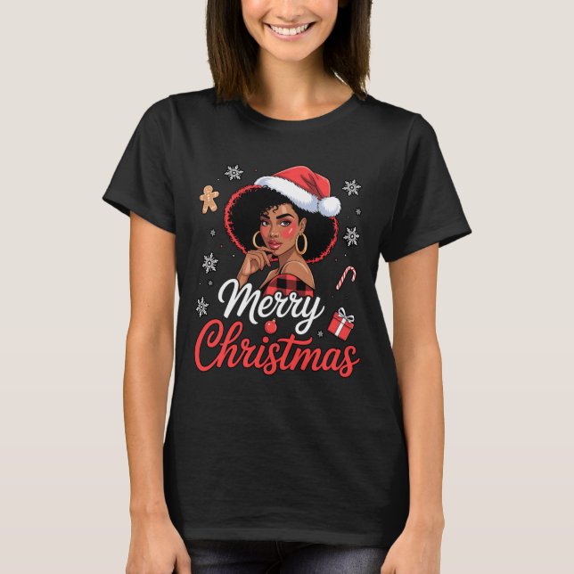 Camiseta Black African Girl American Merry Christmas Santa  (Frente)