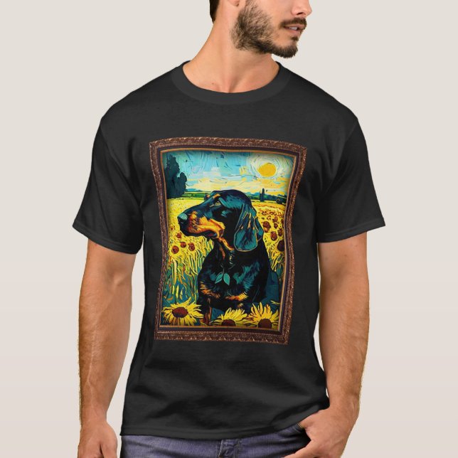 Camiseta Black and Tan Coonhound Painting Sunflower Flower  (Frente)