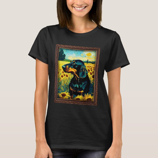 Camiseta Black and Tan Coonhound Painting Sunflower Flower  (Frente)