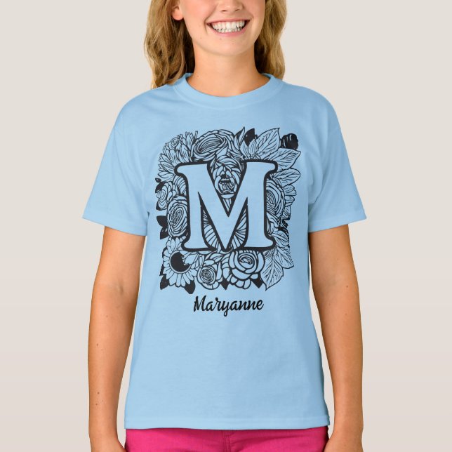 Camiseta Black and White Floral Monogram Letter M (Frente)