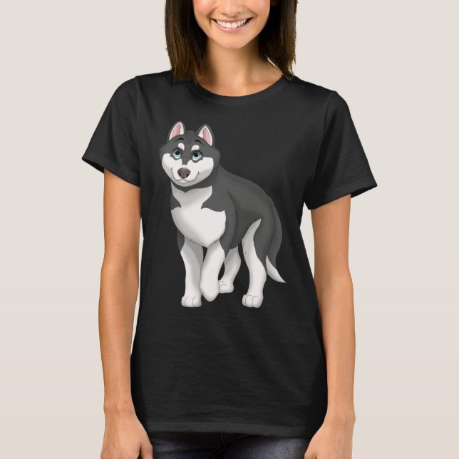 Camiseta Black and White Siberian Husky Dog with Blue Eyes (Frente)