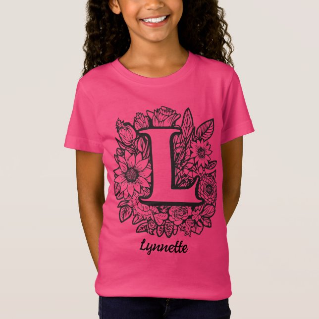 Camiseta Black and White Tattoo Flowers Monogram Letter L (Frente)