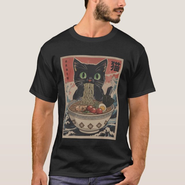 Camiseta Black Anime Cat Ramen Noodles Japanese Funny Kawai (Frente)