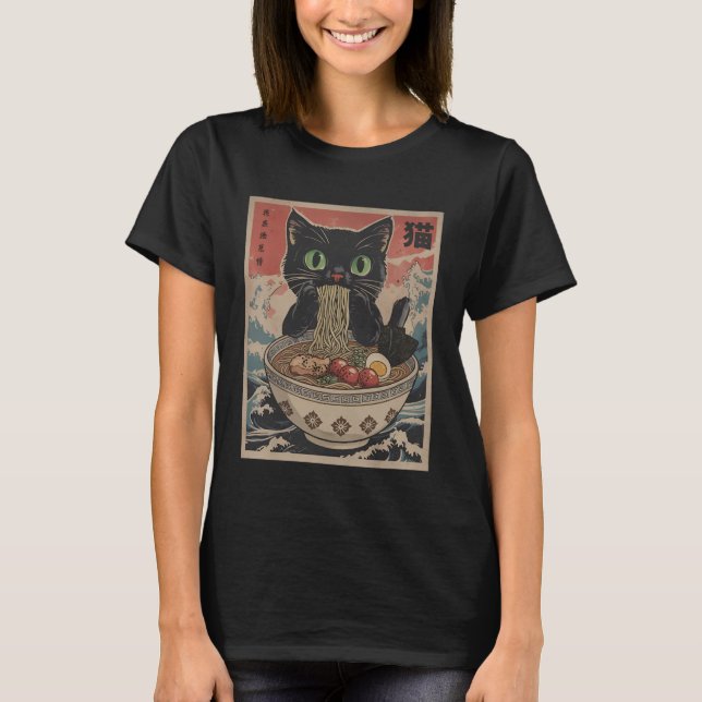 Camiseta Black Anime Cat Ramen Noodles Japanese Funny Kawai (Frente)