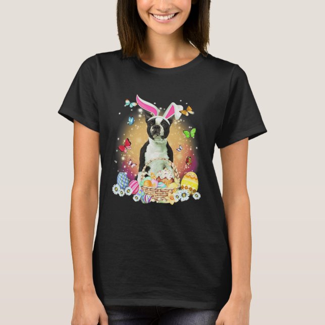 Camiseta Black Boston Terrier Dog Bunny Easter Eggs Basket  (Frente)