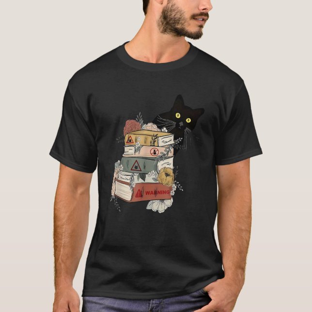 Camiseta Black Cat And Books Flowers Reading Club Cat Lover (Frente)