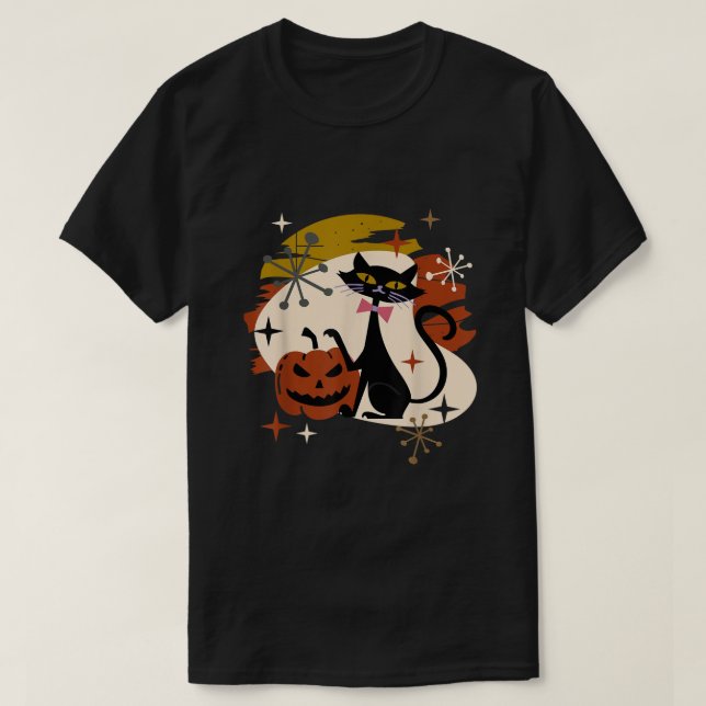 Camiseta Black Cat and Pumpkin Atomic Retro Halloween (Frente do Design)