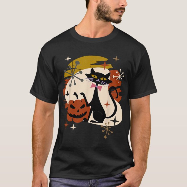 Camiseta Black Cat and Pumpkin Atomic Retro Halloween (Frente)