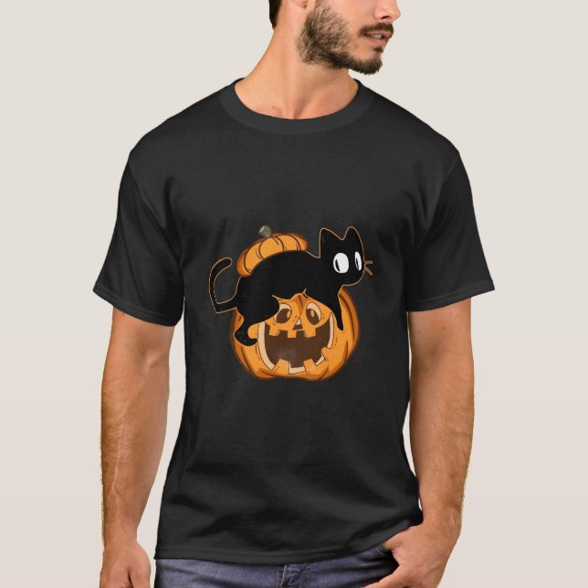Camiseta Black Cat And Pumpkin Halloween (Frente)