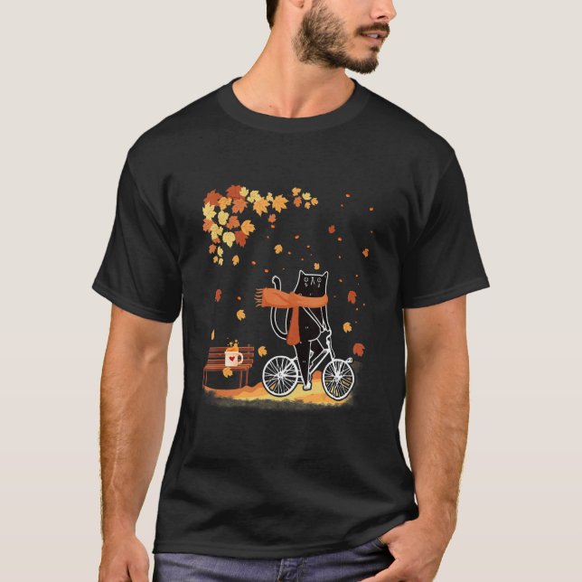 Camiseta Black Cat Autumn Bicycle Ride Thanksgiving Fall Se (Frente)