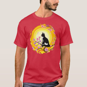 Camiseta Black Cat Chersom Blossom Sakura Mulher de árvore