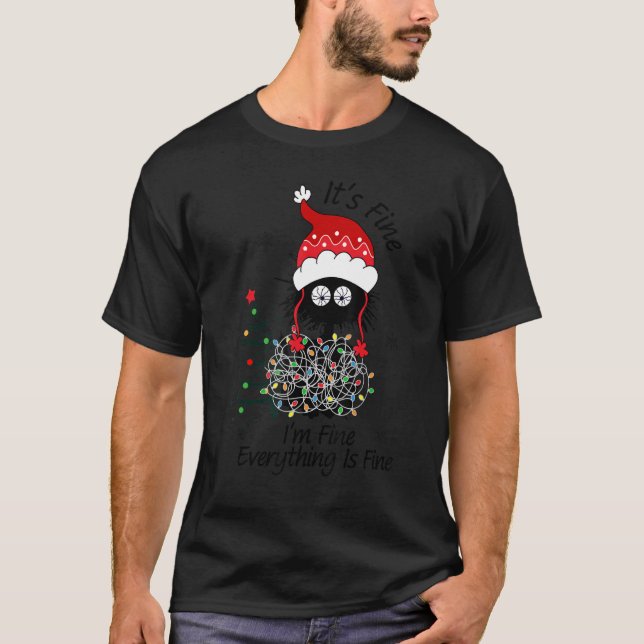 Camiseta Black Cat christmas It's Fine I'm Fine Everything  (Frente)