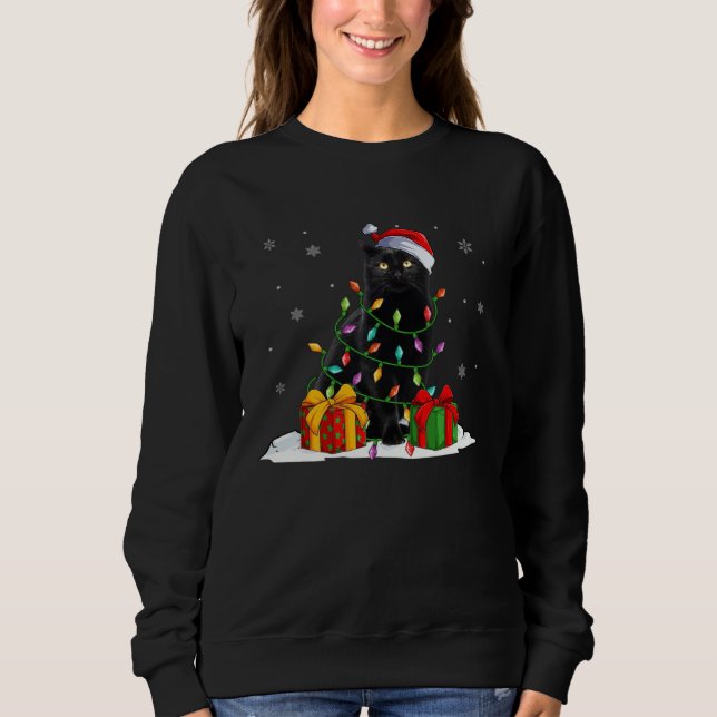 Camiseta Black Cat Christmas Light  Santa Hat Cat  Xmas (Frente)