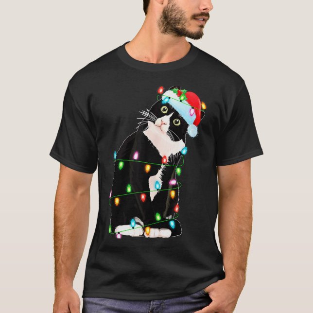 Camiseta Black Cat Christmas Lights Funny Santa Hat Black C (Frente)