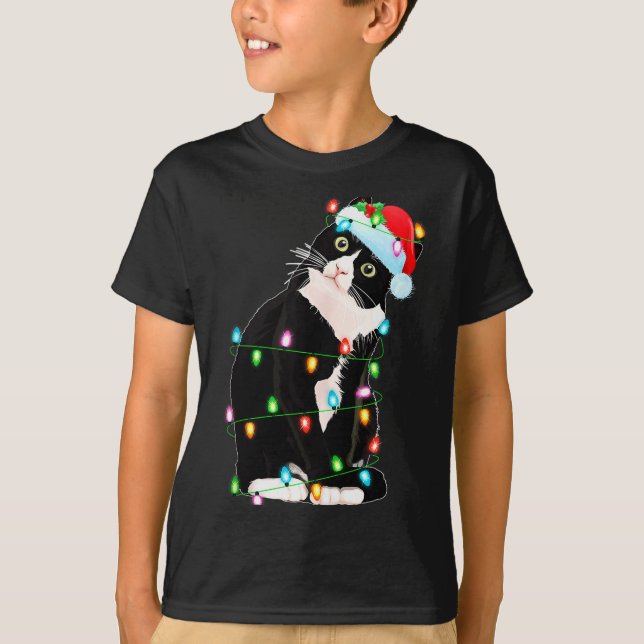 Camiseta Black Cat Christmas Lights Funny Santa Hat Black C (Frente)