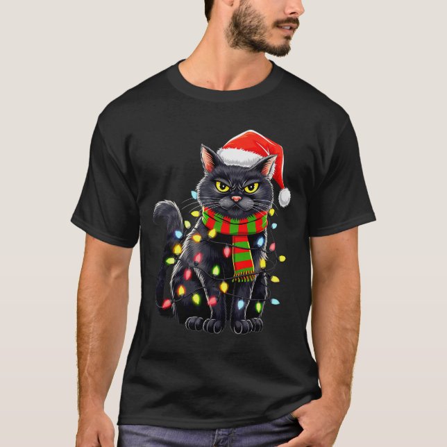 Camiseta Black Cat Christmas Santa Hat Funny Meowy Cats Wom (Frente)