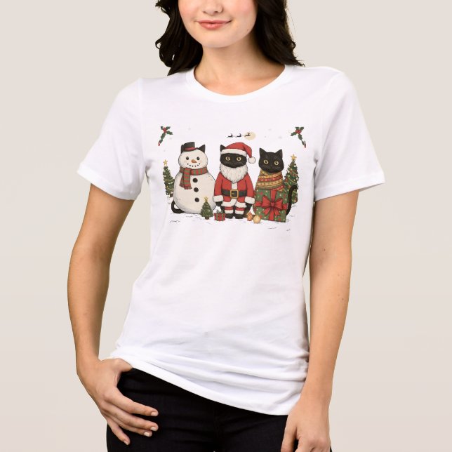 Camiseta Black Cat Christmas Santa Snowman Cute Gift (Frente)