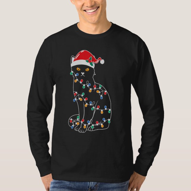 Camiseta Black Cat Christmas Tree Lights   Santa Kitten Led (Frente)