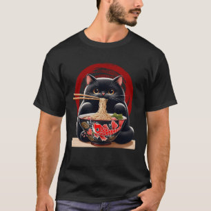 Camiseta Black Cat Comendo Ramen Japonês Noodles Koi Bowl A