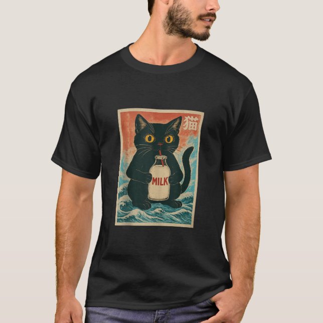 Camiseta Black Cat Drink Milk Carton Anime Japanese Funny G (Frente)