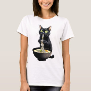 Camiseta Black Cat Eating Ramen Noodles Japonês Comida