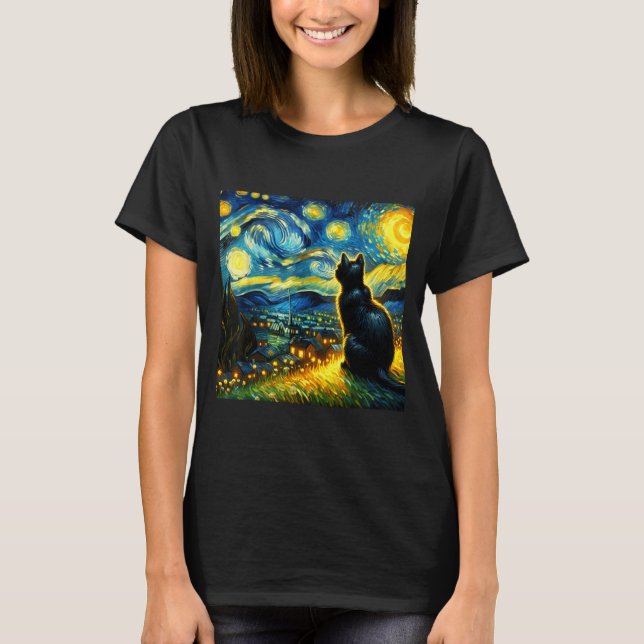 Camiseta Black Cat Funny Cat Lover Mom Daddy Starry Night V (Frente)