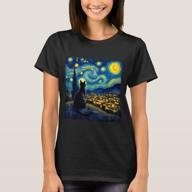 Camiseta Black Cat Funny Cat Lover Mom Daddy Starry Night V (Frente)