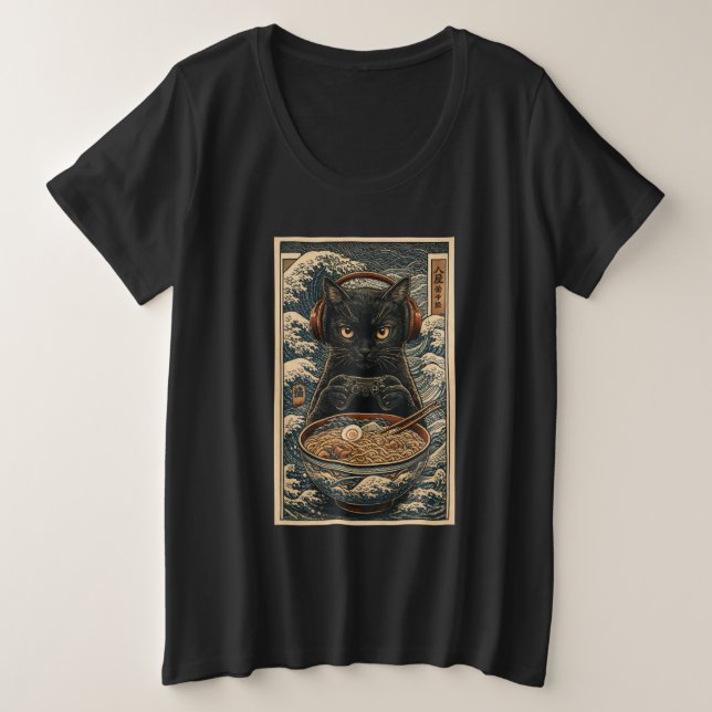 Camiseta Black Cat Gamer with Ramen & Headphones Japanese A (Frente do Design)