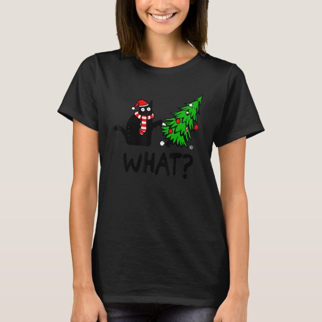 Camiseta Black Cat Gift Pushing Christmas Tree Over Cat Wha (Frente)