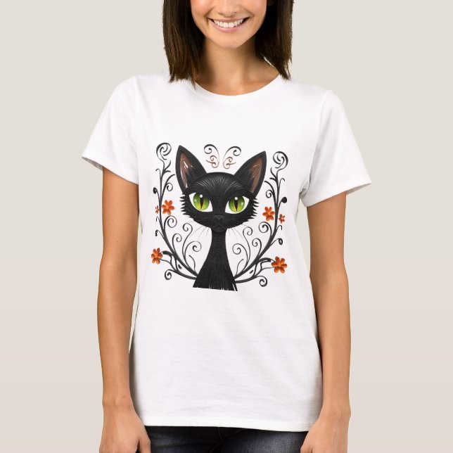 Camiseta Black Cat Green Eyes Filigree Design (Frente)