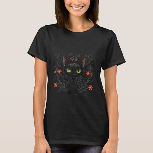 Camiseta  Black Cat Green Eyes Filigree Design (Frente)