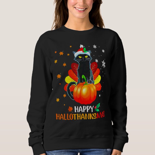 Camiseta Black Cat Halloween And Merry Christmas Happy Hall (Frente)