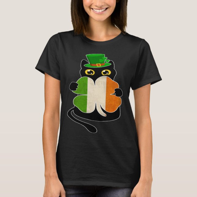 Camiseta Black Cat Holding Shamrock Irish Flag St Patricks  (Frente)